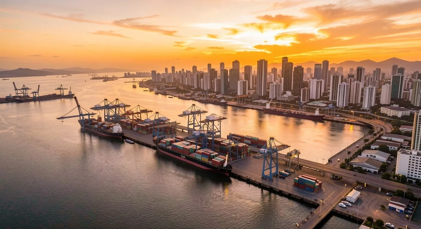 Vista aérea del puerto y centro histórico de Cartagena al atardecer