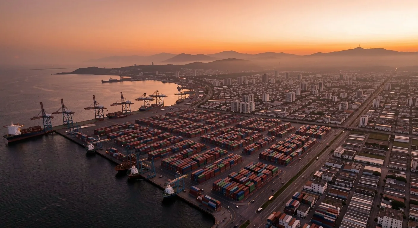 Puerto marítimo de ciudad latinoamericana con contenedores y grúas