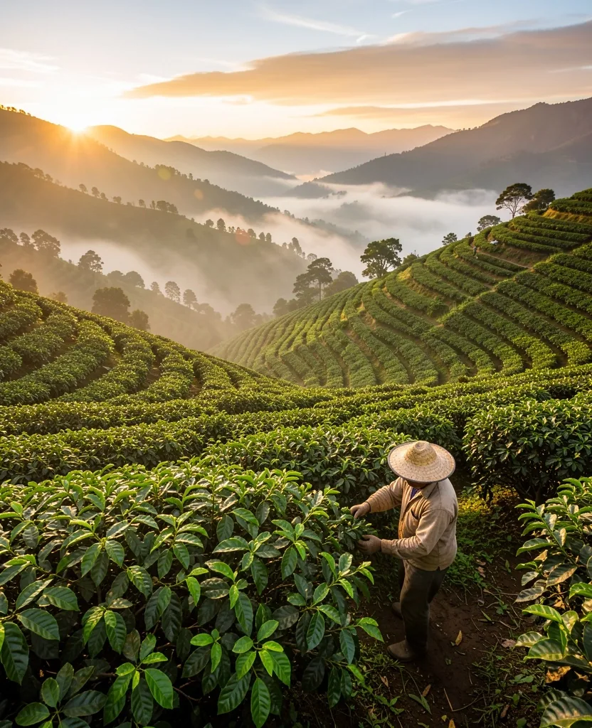 Cultivo de café en tierras altas andinas colombianas
